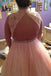 Pink tulle keyhole back long plus size prom dress with beading mg260