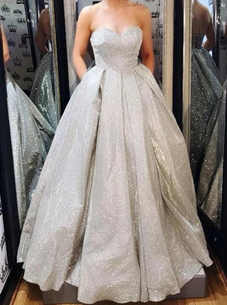 Sparkly A-line Sweetheart Silver Sequins Long Prom Dress with Pockets, Evening Dresses TD151