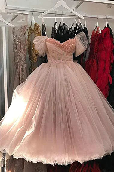 Pink Tulle Off the Shoulder Prom Dresses with Lace Up, Sweetheart Formal Gowns OM0279