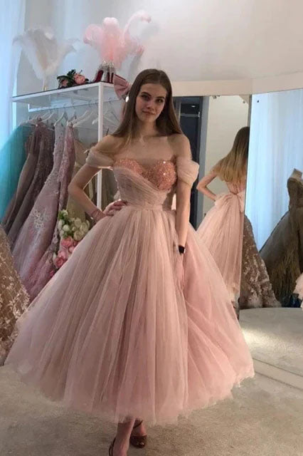 Pink Tulle Off the Shoulder Prom Dresses with Lace Up, Sweetheart Formal Gowns OM0279