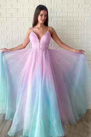 Ombre Spaghetti Straps Sleeveless A Line Prom Dress PDO83