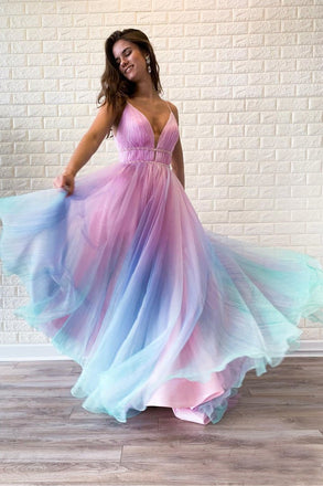 Ombre Spaghetti Straps Sleeveless A Line Prom Dress PDO83