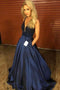 A Line Plunge Neckline Beaded Navy Blue Prom Dresses Pockets Cheap Evening Dresses PDI55