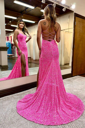 Cute Pink Mermaid Sequins Sweetheart Prom Dresses With Slit, Sleeveless Cocktail Dress OM0346