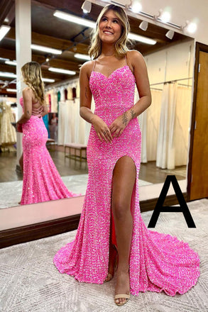 Cute Pink Mermaid Sequins Sweetheart Prom Dresses With Slit, Sleeveless Cocktail Dress OM0346
