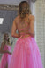 A Line Hot Pink Spaghetti Straps Tulle Lace Prom Evening Dresses with Slit OM0191