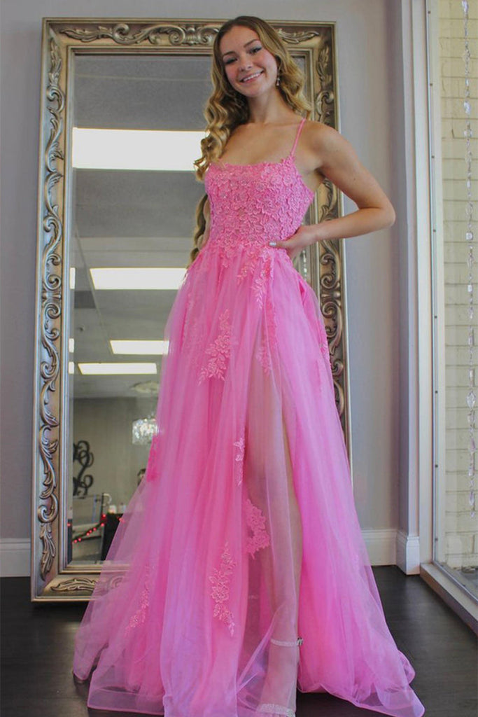 A Line Hot Pink Spaghetti Straps Tulle Lace Prom Evening Dresses with Slit OM0191