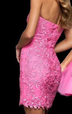 Sexy Strapless Lace Appliques Pink Homecoming Dresses, Sheath Short Prom Dress OMH0169