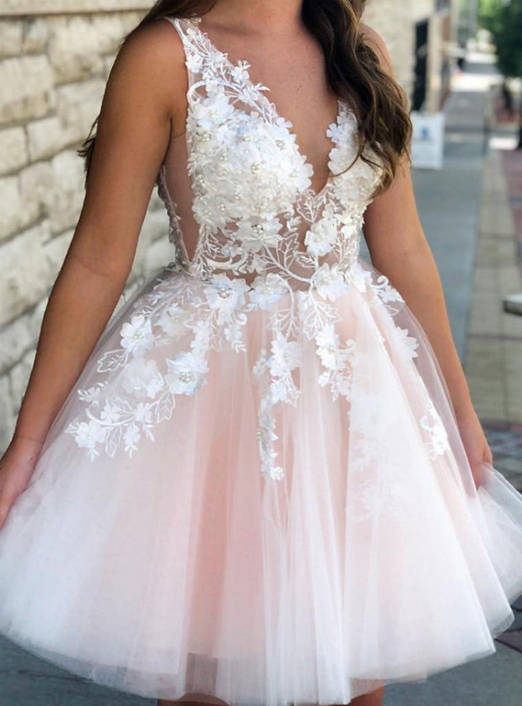Pricess A Line V Neck Pink Tulle Short Prom Dresses with Appliqeus Homecoming Dresses OMH0094