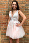 Pricess A Line V Neck Pink Tulle Short Prom Dresses with Appliqeus Homecoming Dresses OMH0094