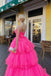 Stylish A Line Hot Pink Tulle High Low Strapless Layers Prom Dresses With Ruffles OM0375