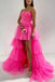 Stylish A Line Hot Pink Tulle High Low Strapless Layers Prom Dresses With Ruffles OM0375