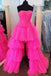 Stylish A Line Hot Pink Tulle High Low Strapless Layers Prom Dresses With Ruffles OM0375