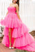 Stylish A Line Hot Pink Tulle High Low Strapless Layers Prom Dresses With Ruffles OM0375