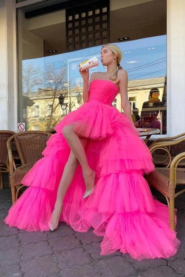 Stylish A Line Hot Pink Tulle High Low Strapless Layers Prom Dresses With Ruffles OM0375