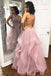 Sexy Deep V Neck Ruffles Pink Long Prom Dress with Criss Cross Back PDI41