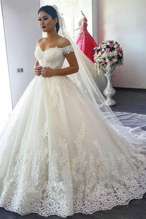 New Arrival Off The Shoulder A Line Wedding Dresses Tulle With Applique Sweep Train PDE71