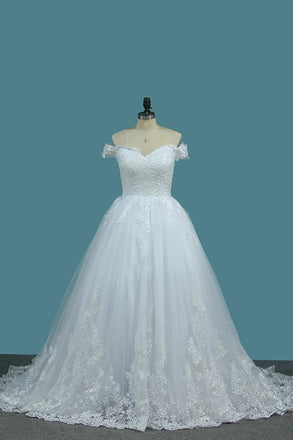 New Arrival Off The Shoulder A Line Wedding Dresses Tulle With Applique Sweep Train PDE71