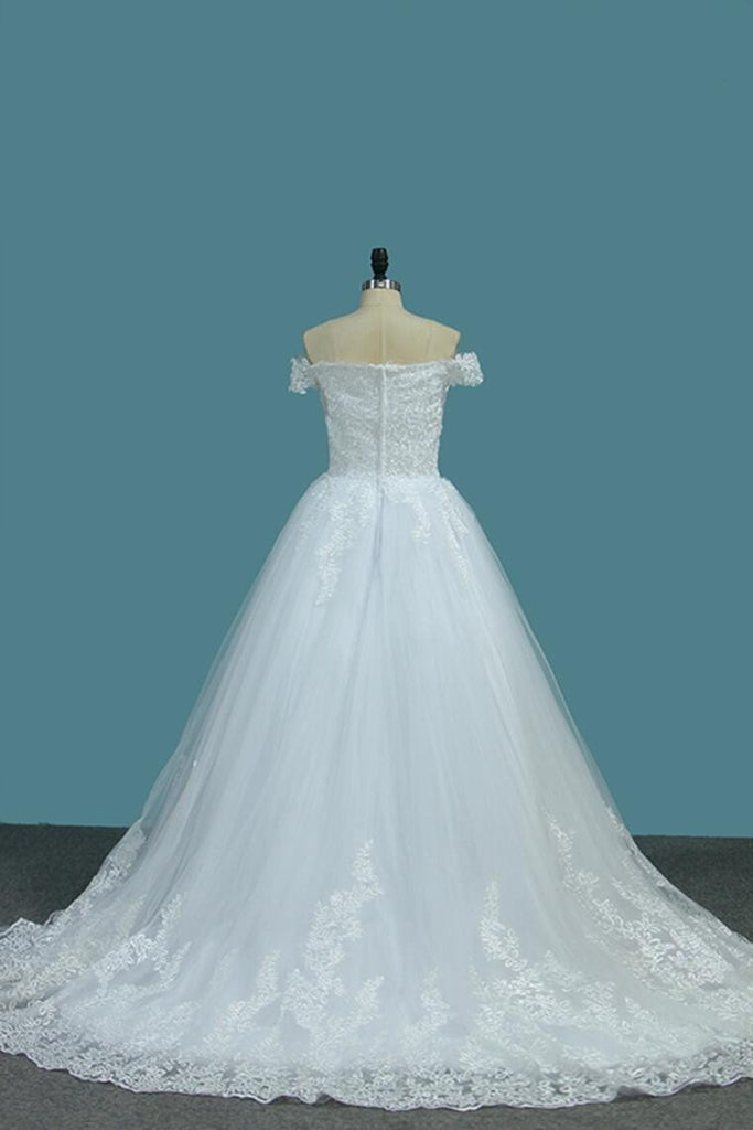 New Arrival Off The Shoulder A Line Wedding Dresses Tulle With Applique Sweep Train PDE71