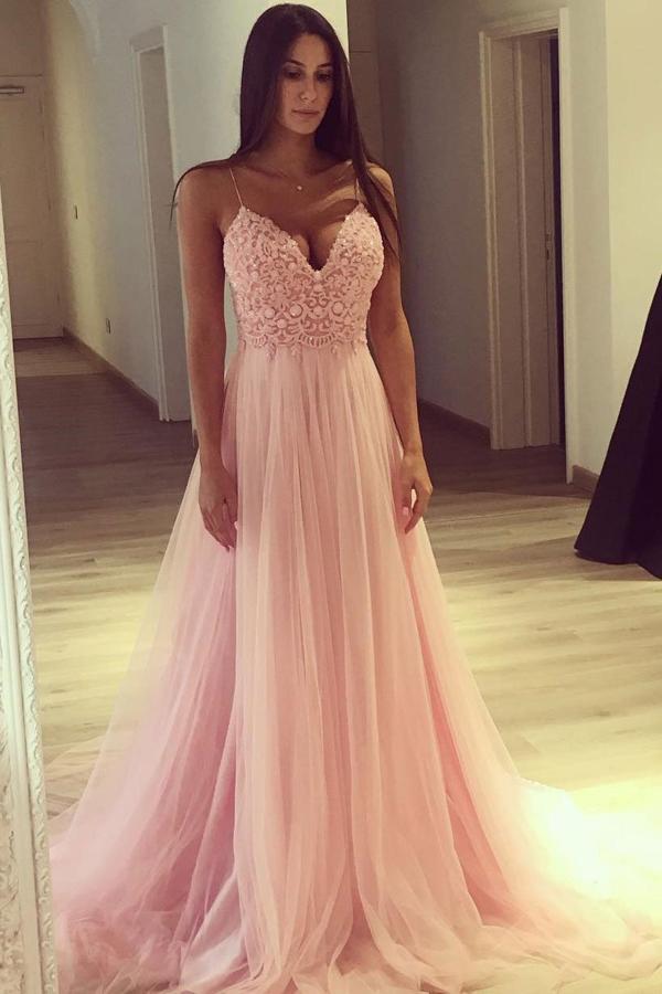 Pink Tulle Floral Long Prom Dresses, Spaghetti Straps Pink Floral Long  Formal Evening Dresses