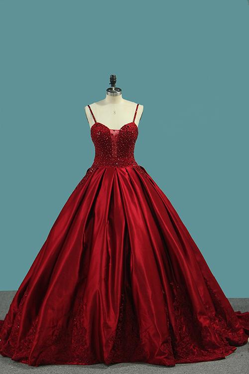 Burgundy Spaghetti Straps Beading Prom Dresses, Princess Ball Gown PDJ7