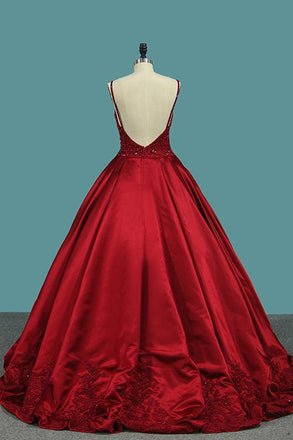 Burgundy Spaghetti Straps Beading Prom Dresses, Princess Ball Gown PDJ7