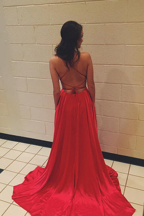 Red Spaghetti Strap Prom Dress with Pockets Sexy Long Split Party Dresses PDJ87