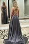 Grey Spaghetti Strap A Line Prom Dress Sexy Long Split Evening Dresses PDJ88