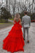 Ball Gown Red V Neck Spaghetti Straps Tulle Tiered Prom Dress, Graduation Dresses OM0321