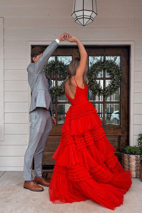 Ball Gown Red V Neck Spaghetti Straps Tulle Tiered Prom Dress, Graduation Dresses OM0321