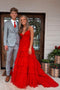 Ball Gown Red V Neck Spaghetti Straps Tulle Tiered Prom Dress, Graduation Dresses OM0321