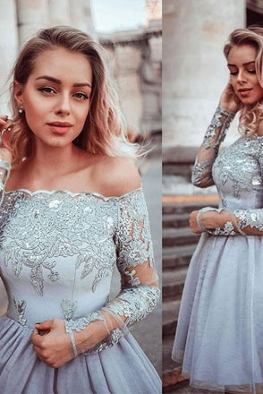 Gray Lace Appliques Tulle Short Prom Dress, Long Sleeves Homecoming Dress PDP55