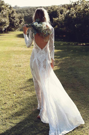 Ivory Sheath Long Sleeves Backless Lace Appliques Wedding Dress, Beach Wedding Dress SK15