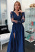 A Line Long Sleeves V Neck Dark Blue Prom Dresses With Appliques PDI67