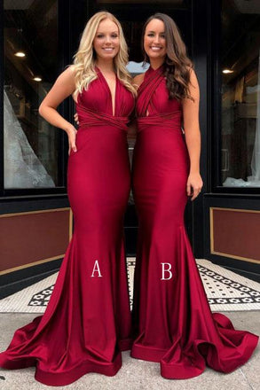 Mermaid V-Neck Burgundy Long Convertible Prom Bridesmaid Dress PDR23