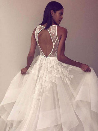 A Line Tulle Appliques Long Prom Dress Open Back Cheap Wedding Dress PDH86