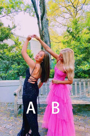 Hot Pink Tiered Spaghetti Straps Tulle Sequins Prom Dresses, Long Dance Dress OM0069