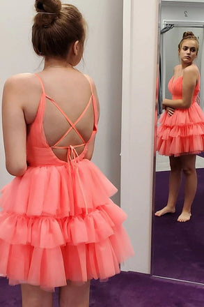 A Line Layered Coral Spaghetti Straps V Neck Tulle Short Prom Dresses, Homecoming Dress OMH0102