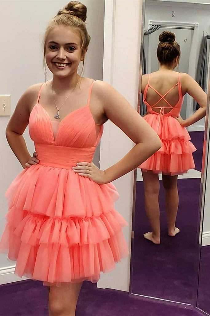 A Line Layered Coral Spaghetti Straps V Neck Tulle Short Prom Dresses, Homecoming Dress OMH0102