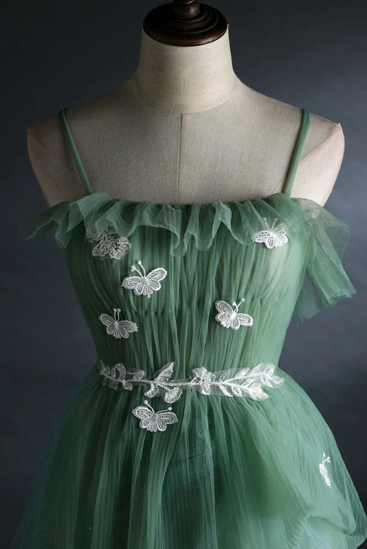 Elegant A line Light Green Spaghetti Straps Long Prom Dresses, Beautiful Party Dress OM0184