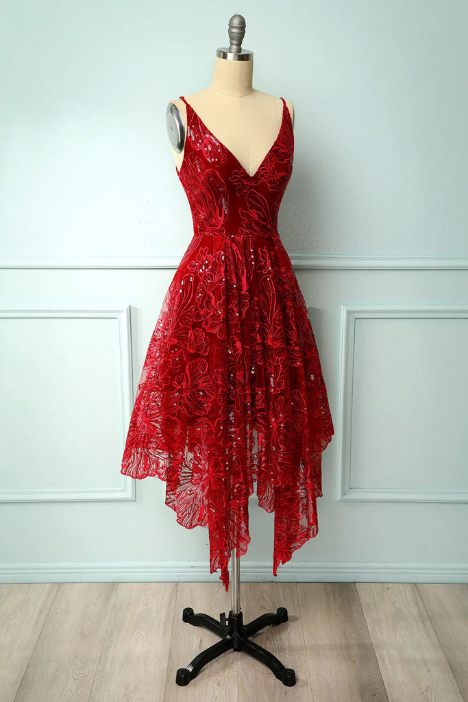 A Line Red Lace Spaghetti Straps V neck Asymmetrical Sequins Homecoming Dresses OMH0119