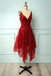 A Line Red Lace Spaghetti Straps V neck Asymmetrical Sequins Homecoming Dresses OMH0119