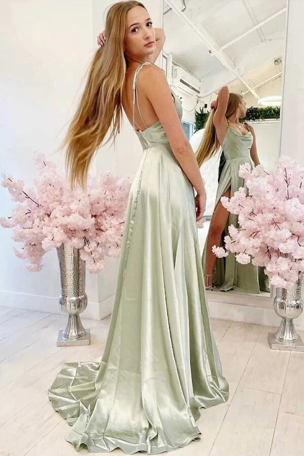 Simple Sage Green A-line Cowl Neck Prom Dresses with Slit, Long Party Dresses OM0277