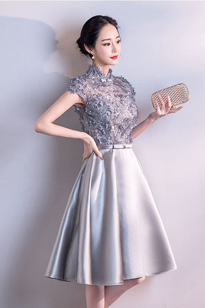 A line High Neck Satin Short Sleeves Homecoming Dresses with Appliques, Cocktail Dress OMH0066