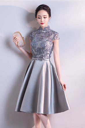 A line High Neck Satin Short Sleeves Homecoming Dresses with Appliques, Cocktail Dress OMH0066