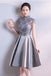 A line High Neck Satin Short Sleeves Homecoming Dresses with Appliques, Cocktail Dress OMH0066