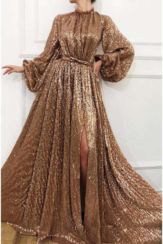 Charming A Line Long Sleeve Sequin High Neck Prom Dresses PDH60