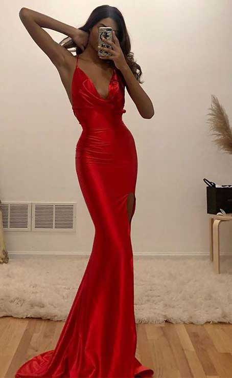 Sexy Red Mermaid V neck Prom Dresses, Long Tight Evening Dress with Slit OM0013