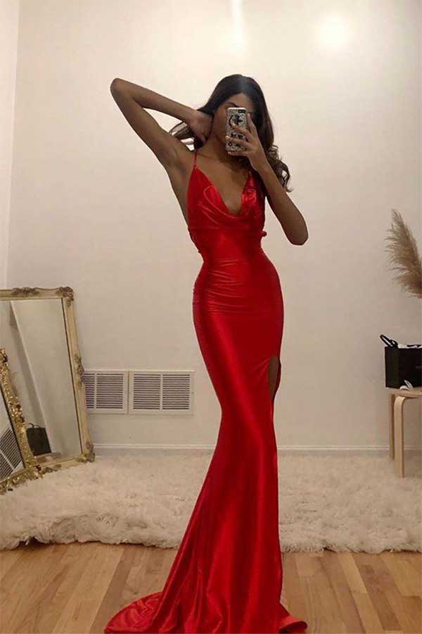 Simple A Line Dark Red Satin Long Prom Dresses with High Slit, Long Da –  Shiny Party