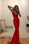 Sexy Red Mermaid V neck Prom Dresses, Long Tight Evening Dress with Slit OM0013